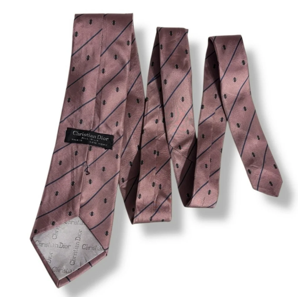 CHRISTIAN DIOR Dusty Pink Silk Tie With Navy Stripes & Diamond Pattern